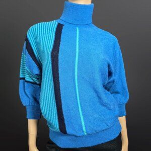 Vintage 80s Blue Striped Sweater Size M Dolman Sleeve Turtleneck New Wave